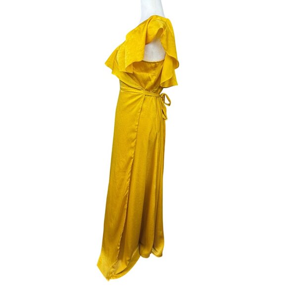 NEW Lulus XL Yellow Ruffled Cold Shoulder Maxi Wrap Satin Dress Formal Gown Chic - Picture 4 of 13